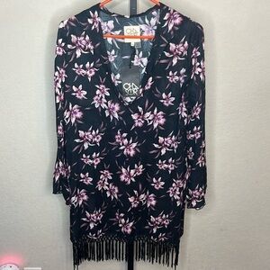 353 - Chaser NWT Black, Pink Floral Hooded Coverup Tunic, Size Medium